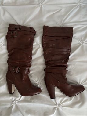 SHERLOCK - Women's Brown Leather Mid-Calf Heeled Boots